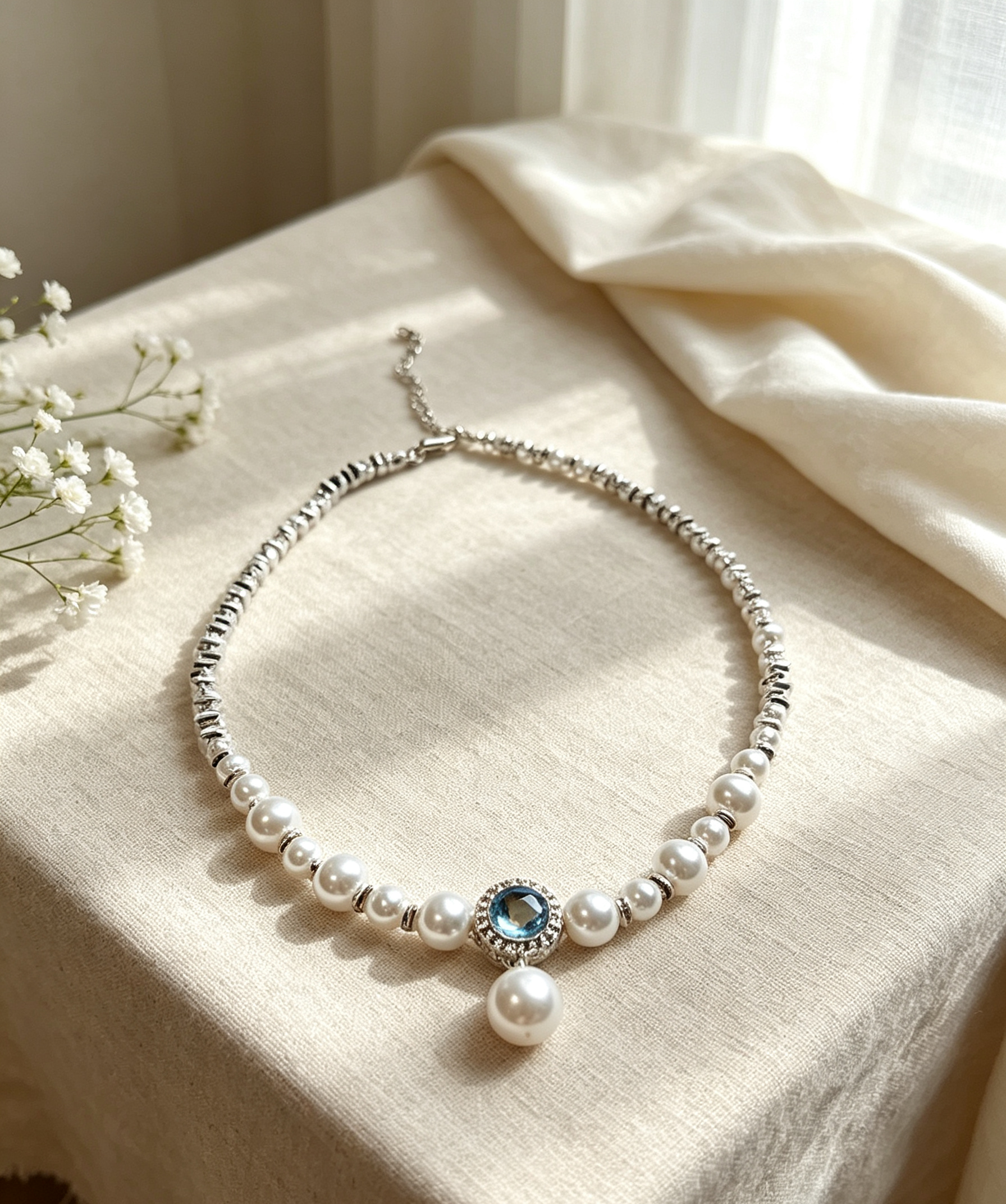 Aquamarine-Style Pearl Necklace with Retro Pendant